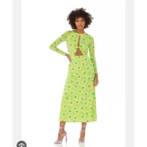 NWT AFRM  Lime Green Yellow Floral Long Sleeve Jodi Dress L - Picture 1 of 10